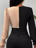 Women color block Patchwork v-neck long-sleeved color-blocked shirt