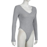 Autumn Winter Knitting V-Neck Women's Tight Fitting Long-Sleeved Bodysuit
