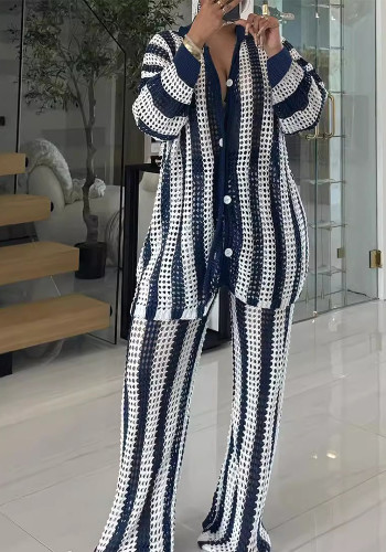 Women Woolen Contrast Cardigan TopPant Two-piece Set