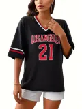 Women Striped V-neck ribbon half-sleeved Women sports los Angles printed T-shirt