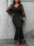 Plus Size Women v-neck sexy Bodycon lace Patchwork fishtail skirt