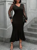 Plus Size Women v-neck sexy Bodycon lace Patchwork fishtail skirt