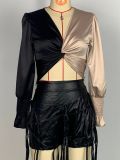 Women color block Patchwork v-neck long-sleeved color-blocked shirt