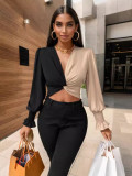 Women color block Patchwork v-neck long-sleeved color-blocked shirt
