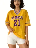 Women Striped V-neck ribbon half-sleeved Women sports los Angles printed T-shirt