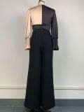 Women color block Patchwork v-neck long-sleeved color-blocked shirt