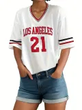 Women Striped V-neck ribbon half-sleeved Women sports los Angles printed T-shirt