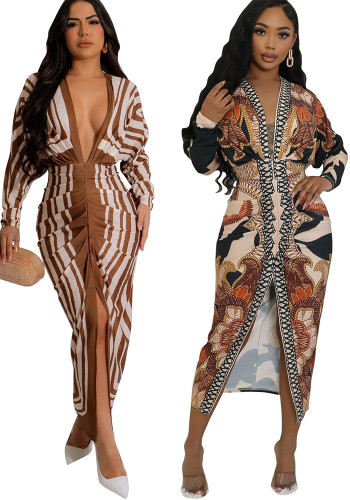 Women printed sexy v-neck long sleeve split dress
