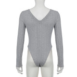 Autumn Winter Knitting V-Neck Women's Tight Fitting Long-Sleeved Bodysuit