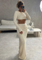 Women summer round neck long sleeve crop t-shirt and skirt two-piece set