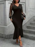 Plus Size Women v-neck sexy Bodycon lace Patchwork fishtail skirt