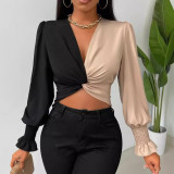 Women color block Patchwork v-neck long-sleeved color-blocked shirt
