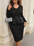 Autumn Slim Waist Plus Size Black Tight Fitting Ruffle Peplum Dress