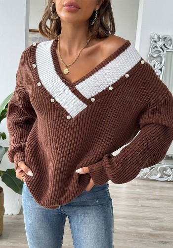 Pearl Beaded Tops Contrast Color Patchwork V-Neck Loose Knitted Pullover Sweater