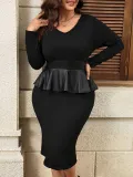 Autumn Slim Waist Plus Size Black Tight Fitting Ruffle Peplum Dress