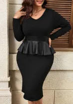 Autumn Slim Waist Plus Size Black Tight Fitting Ruffle Peplum Dress