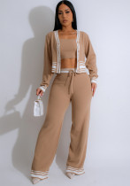 Autumn Winter Striped Knitting Casual Three-Piece Pants Set