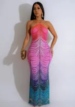 Women's Printed Fashion Sexy Slim Beaded Long Dress