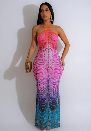 Women's Printed Fashion Sexy Slim Beaded Long Dress