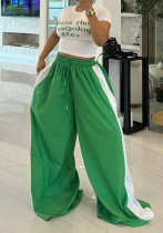 Autumn Winter Fashion Contrast Color Wide-Leg Pants High Waist Casual Lace-Up Straight Trousers