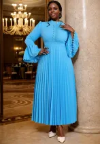 Pure Color Elegant Bell Bottom Sleeve Pleated Party Dress