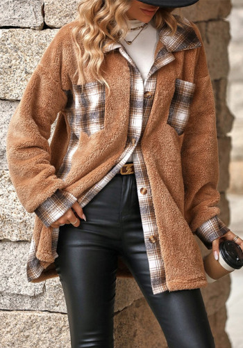 Women Single-breasted Turndown Collar Maxi Plaid Plush Coat