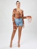 Women Autumn Sexy Bell Bottom Sleeve Lace-Up Tiger Skin Top