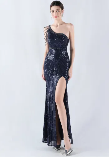 Women Flower Sequin Beaded One-shoulder Slash Shoulder Split Evening Dress