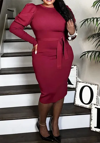 Plus Size Women Casual Elegant Puff Sleeve Round Neck Solid Dress
