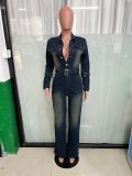Women long sleeve Denim Stretchy Bell Bottom Jumpsuit