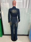 Women long sleeve Denim Stretchy Bell Bottom Jumpsuit