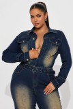 Women long sleeve Denim Stretchy Bell Bottom Jumpsuit