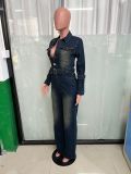 Women long sleeve Denim Stretchy Bell Bottom Jumpsuit