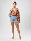 Women Autumn Sexy Bell Bottom Sleeve Lace-Up Tiger Skin Top
