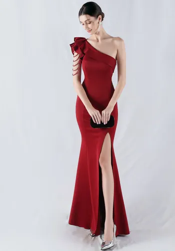 Women Beaded One-shoulder Slash Shoulder Evening Dress