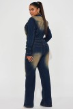 Women long sleeve Denim Stretchy Bell Bottom Jumpsuit