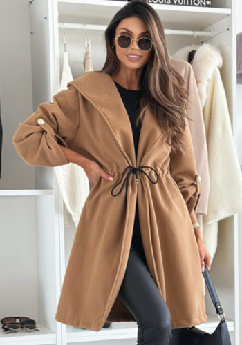 Women Turndown Collar Drawstring Solid Woolen Coat