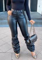 Autumn Winter Women's Fashion Button Zipper Elastic Stacked Leather Pants