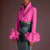 Autumn Women's Solid Color Slim Casual Ruffle Sleeve Shirt Top