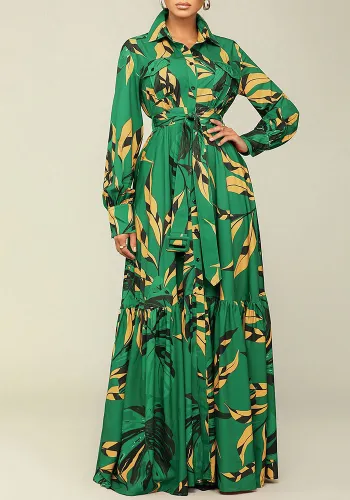 Women's Autumn Turndown Collar Lace-Up Fashion Print Long Sleeve Maxi Dress