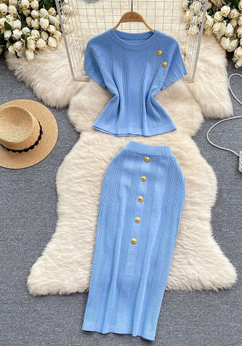 Chic Short-Sleeved Knitting Top Metal Button Slim Skirt Two-Piece Set