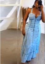 Summer Strap Low Back High Waist Zipper Slim Denim Dress