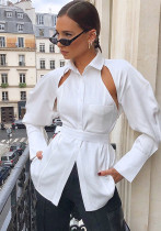 Autumn Winter Slim Waist Low Back Hollow Lace-Up Long-Sleeved White Shirt Top
