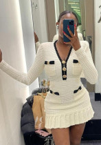 Autumn Winter Waffle Contrast V-Neck Knitting Dress