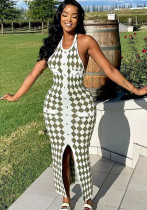 Chic Dress Feminine Halter Neck Low Back Slim Split Diamond Knitting Bodycon Long Dress