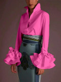 Autumn Women's Solid Color Slim Casual Ruffle Sleeve Shirt Top