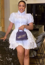 Summer Chic Elegant Turndown Collar Single-Breasted White Lace Embroidery A-Line Layer Dress