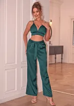 Women Solid Sexy V-Neck Strapless Top and Trousers Two Piece Set