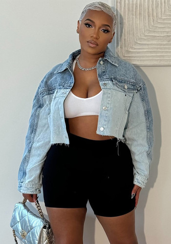 Women Casual Color Block Single Breasted Long Sleeve Denim Jacket
