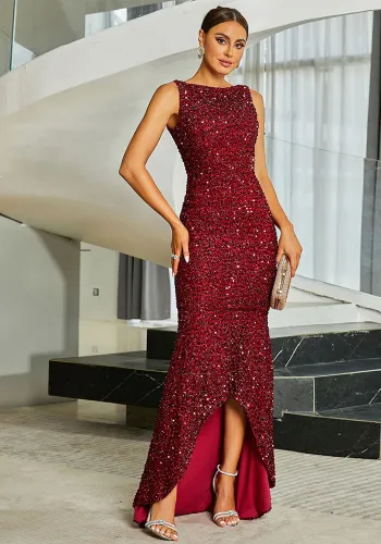 Women long-sleeved round neck sexy sequin Formal Party bridesmaid dress fishtail Maxi evening dress